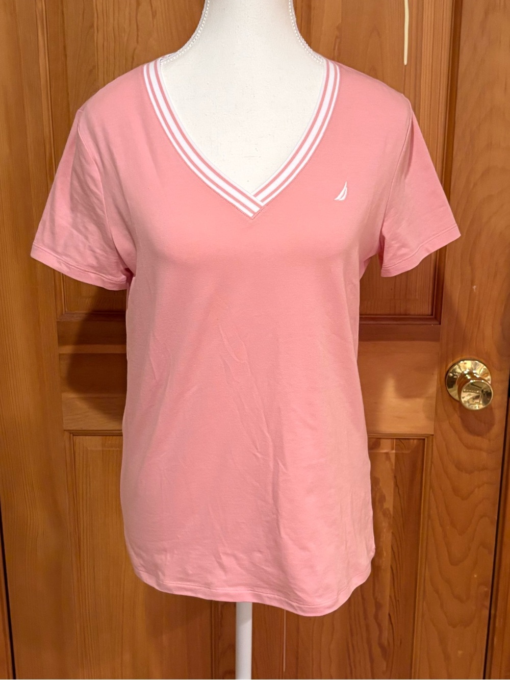 Nautica Pink V-Neck Short Sleeve Tee with White Trim